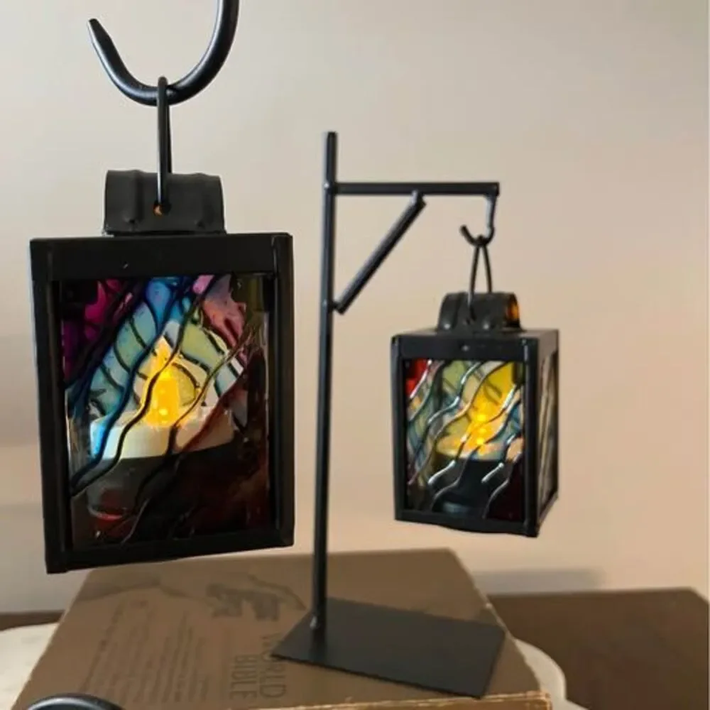 Set of 2 Stained Glass Style Hanging Lanterns with Black Metal Stands